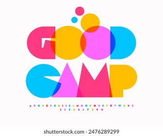 Vector colorful sign Good Camp. Bright Creative Font. Children cute Alphabet Letters and, Numbers set.