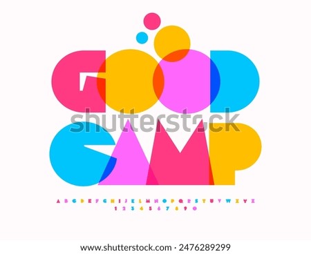 Vector colorful sign Good Camp. Bright Creative Font. Children cute Alphabet Letters and, Numbers set.