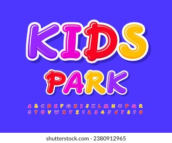 Vector colorful sign Kids Park. Bright Glossy Font. Funny handwritten Alphabet Letters and Numbers set.