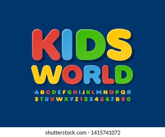 Vector colorful sign Kids World with Uppercase Alphabet Letters and Numbers. Bright flat Font