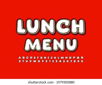 Menú de almuerzo de señas con colores vectoriales. Fuente luminosa original. Letras y números de alfabeto creativos