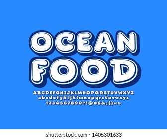 Vector Colorful Sign Ocean Food. White And Blue Bright Font. Creative Alphabet Letters And Numbers.