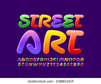 Vector colorful Sign Street Art.  Bright Playful Font. Glossy Alphabet Letters and Numbers.