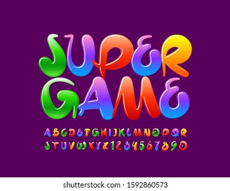 Vector colorful Sign Super Game.  Bright Playful Font. Original Alphabet Letters and Numbers.