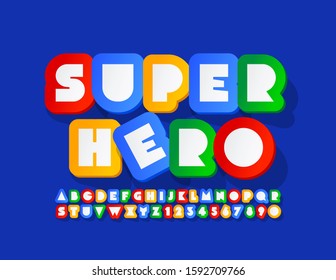 Vector colorful sign Super Hero with sticker style Font. Bright Alphabet Letters and Numbers
