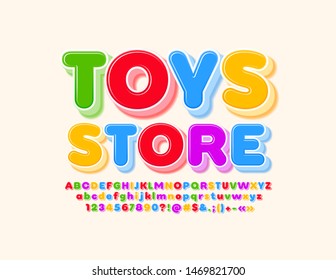 Vector colorful sign Toys Store with layered Font. Bright Alphabet Letters, Numbers and Symbols