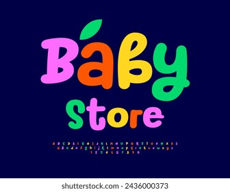 Vector colorful signboard Baby Store with decorative Leaf. Handwritten bright Font. Childish style Alphabet Letters and Numbers set.