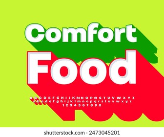 Vector colorful signboard Comfort Food. Creative 3D Font with Big Red shadow. Bright Alphabet Letters and Numbers set.