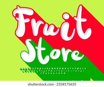 Vector colorful signboard Fruit Store. Funny Alphabet Letters, Numbers and Symbols set. Bright 3D Font with Big Green Shadow.