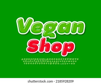 Vector colorful Signboard Vegan Shop. Bright Green Font. Creative glossy Alphabet Letters, Numbers and Symbols set