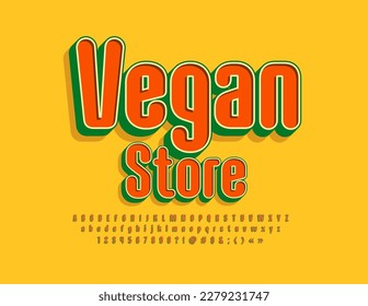 Vector colorful signboard Vegan Store.  Elegant bright Font. Modern Alphabet Letters and Numbers set