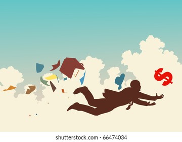 Vector colorful silhouette of a businessman desperately trying to catch a falling dollar