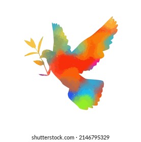 Vector colorful silhouette of a flying dove with branch on a white background.