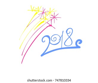 Vector colorful silhouette of hand drawn numbers 2018 as symbol of New Year on stand with firework on white background, isolated cartoon painted illustration with vintage curves, high quality
