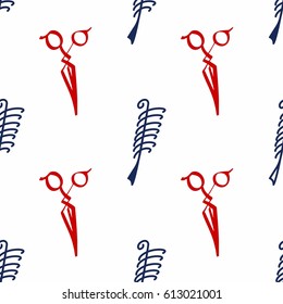 Vector colorful silhouette of scissors and hairbrush as barber shop objects. Barbershop seamless design for wallpaper in blue and red color, high quality