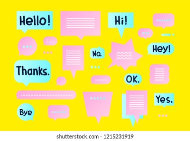 Vector colorful Simple flat speech bubbles shapes set and trendy hand drawn short phrases. Blue Pink Yellow colors