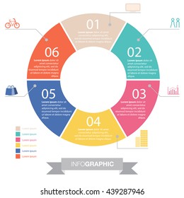 Vector colorful six sided, numbered flat rainbow spectrum color presentation info-graphic chart with explanatory text field isolated on white background. Vector graphic template.