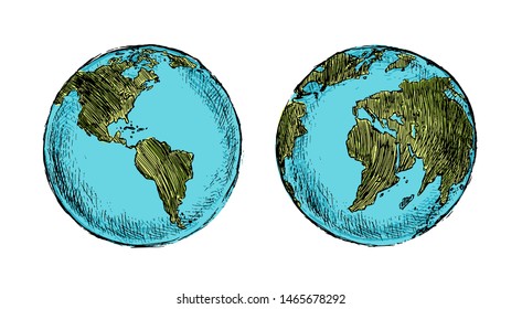 Vector Colorful Sketch Globe Illustration Isolation on White Background. Hand Drawn Planet Earth. Vector Illustrations.