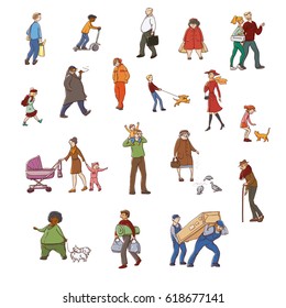 Vector colorful sketch set of illustrations walking urban residents. Children and adults in various situations in the city. Working porters, schoolgirl, woman with the kids and other characters