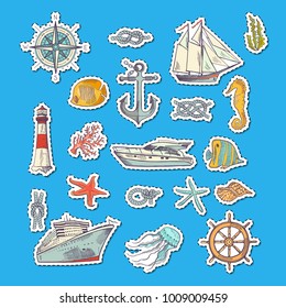 Vector colorful sketched sea elements stickers. Illustration of ship and lighthouse