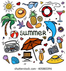 Vector colorful sketchy line art Doodle cartoon set of objects and symbols for summer holidays.  Vector illustration for web, mobile and print
