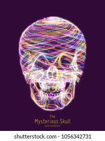 Vector colorful Skull constructed with bright glowing lines. Conceptual human head illustration. Abstract swirl neon lines form bone structure. Creative skull.