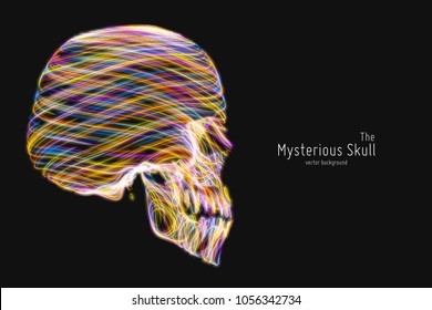 Vector colorful Skull constructed with bright glowing lines. Conceptual human head illustration. Abstract swirl neon lines form bone structure. Creative skull.