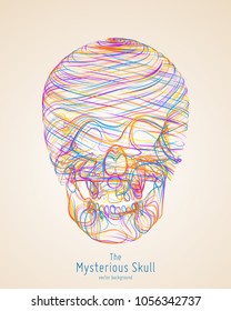 Vector colorful Skull constructed with bright lines. Conceptual human head illustration. Abstract swirl lines form bone structure. Creative skull.