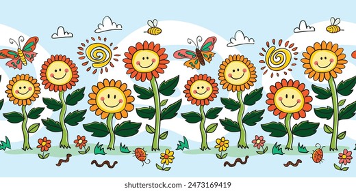 Vector colorido carita sonriente ilustración floral con remolino solar y polilla repitiendo borde Horizontal. Adecuado para tarjetas de felicitación y murales de pared.