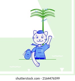 Vector colorful smiling cat pet with one paw up greeting everyone located nearby palm tree. Kitten traveler with backpack and dressed in cap and singlet, stripy T shirt.