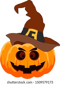 Vector colorful smiling pumpkin with wizard hat. Autumn and halloween symbol
