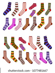 Vector colorful socks. Set of socks with geometric ornament isolated on white background.