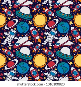 vector colorful space astronout rocket seamless pattern backgrou