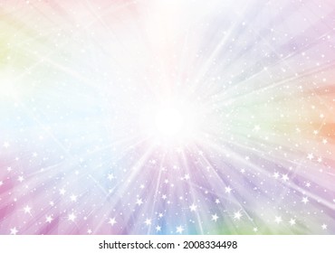 Vector  colorful sparkling background with radial rays, lights and stars. Unicorn background.