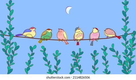 [Vector] Flores coloridas que se colocan en el cable eléctrico durante el día en que se levanta la luna