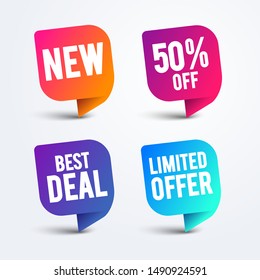 Vector colorful speech bubble set for web and sale. New, best deal, limited offer, 50 percent off reduction icons.
