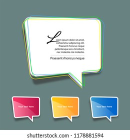 Vector, colorful speech bubble, shaped banners, price tags, stickers, blue orange red bubbles, badges. 