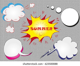 Vector colorful speech bubbles with text. hello summer