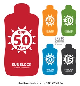 Vector : Colorful SPF 15-50 Pa++ Sunblock UVA/UVB Protection Container Icon or Label Isolated on White Background