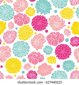 Vector colorful spring flowers seamless repeat pattern bacgkround design. Great for springtime greeting cards, invitations, wedding, fabric, wallpaper, wrapping projects.