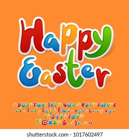 Vector Colorful Spring Greeting Card Happy Easter. Set of bright Sticker style Letters, Numbers and Symbols
