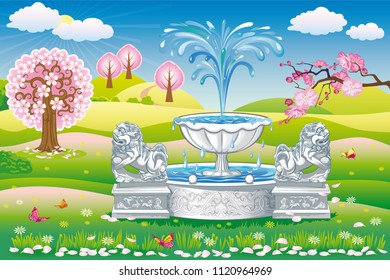 Vector colorful spring landscape with blooming trees, fountain and Chinese lion sculptures
