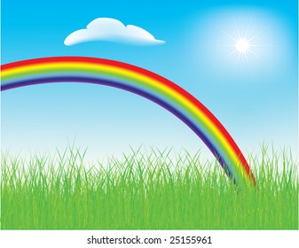 Vector - colorful spring rainbow in a meadow with fresh green grass
