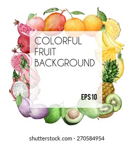 Vector colorful square background with watercolor fruits. Background for packaging, cards and posters. EPS 10