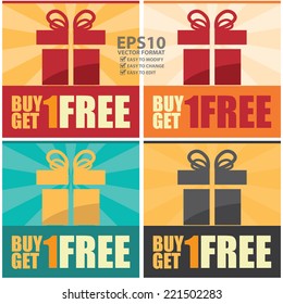 Vector : Colorful Square Buy 1 Get 1 Free Icon, Sticker, Banner, Poster or Label Isolated on White Background