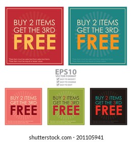 Vector : Colorful Square Buy 2 Items Get The 3rd Free Poster, Leaflet, Handbill, Flyer Icon, Label or Sticker Isolated on White Background