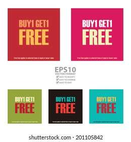 Vector : Colorful Square Buy1 Get1 Free, Free Item Applies to Selected Items of Equal or Lesser Value Poster, Leaflet, Handbill, Flyer Icon, Label or Sticker Isolated on White Background