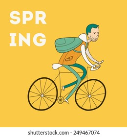 Vector colorful square card with cute doodle beard man in spring jacket on bicycle.