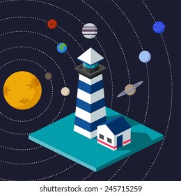 Vector colorful square card with isometric flat nautical lighthouse in space of Solar System. 