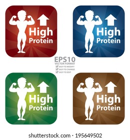 Vector : Colorful Square Glossy Style High Protein Icon, Button, Sticker or Label With Bodybuilder or Muscle Man Sign Isolated on White Background 
